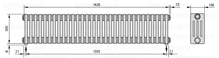 Схема (чертеж) Радиатор Zehnder Charleston 4030/31 №3570 Белый глянцевый RAL 9016